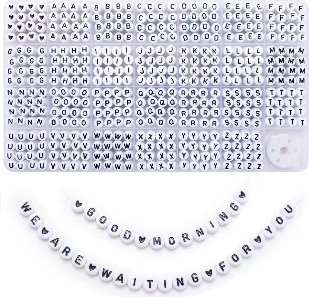 1400 Buchstabenperlen, schwarz-weiße Alphabetperlen, 4 x 7 Produktbild 