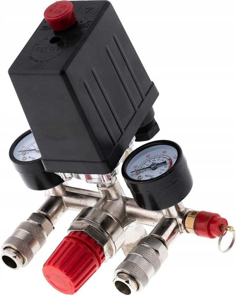 A close-up studio shot of an air compressor pressure switch with two pressure gauges and multiple connectors.