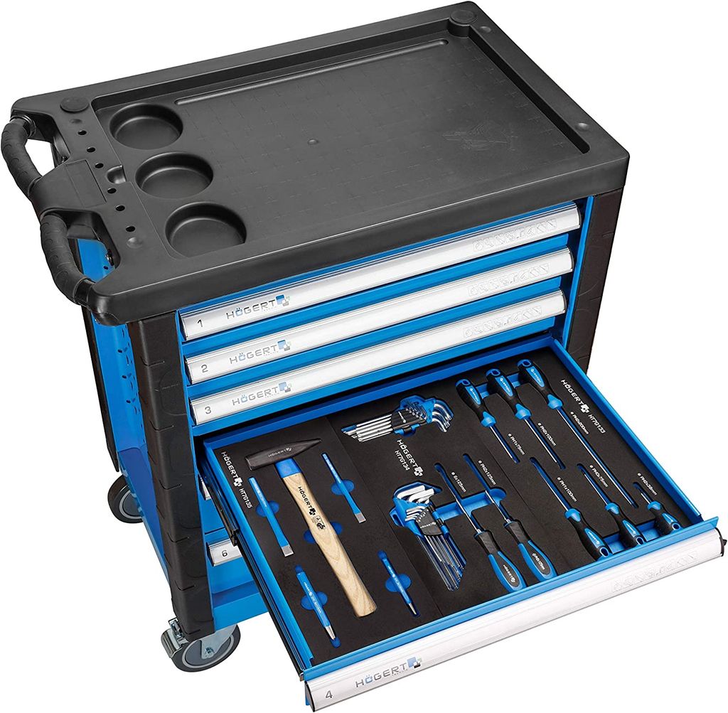 Högert Technik - Werkzeugschrank mit 6 Schubladen mit Zubehör 171 Stück, Abschließbare Schränke, Lenkung Gummiräder mit Bremse, Schlüsselsch...