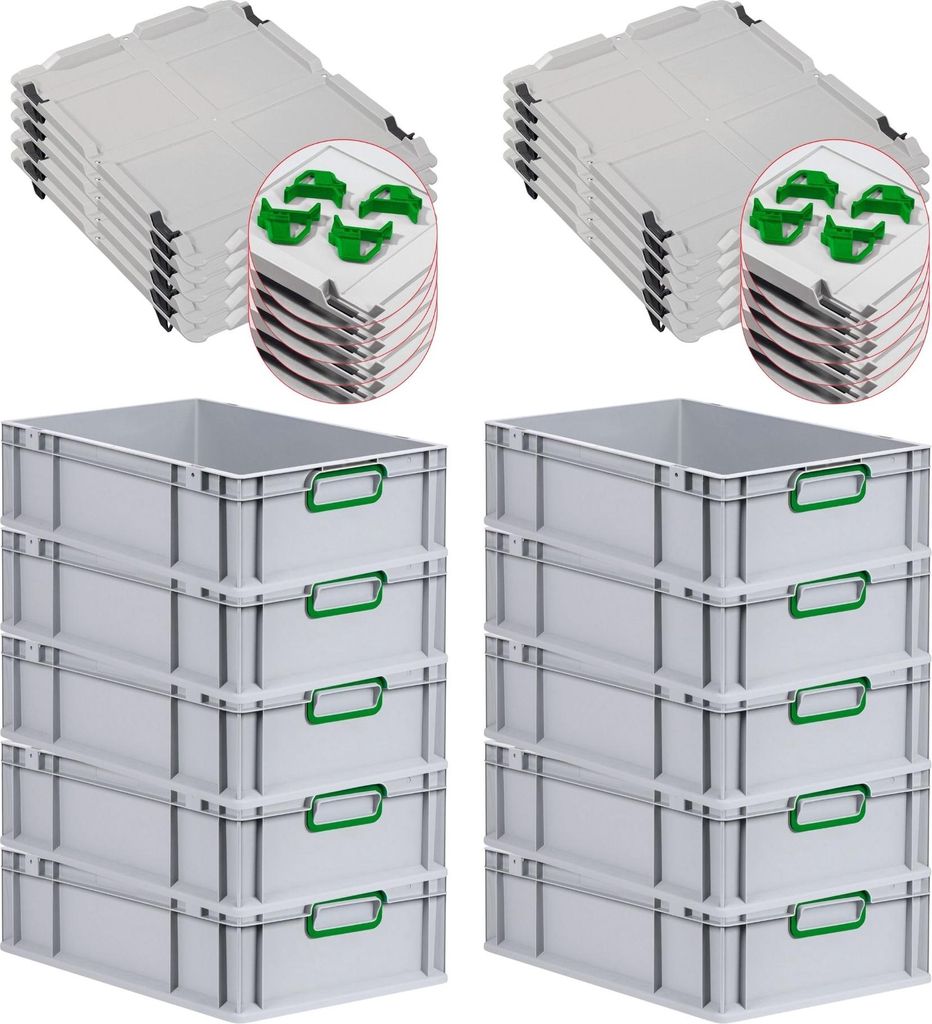 SparSet 10x Eurobox NextGen Color mit Auflagedeckel und Schiebeschnappverschlüsse | HxBxT 17x40x60cm | 34 Liter | Griffe grün geschlossen | Glatt...