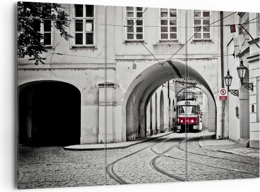 Bild auf Leinwand - Leinwandbild - 3 Teile - Tschechisch Straßenbahn Prag - 165x110cm - Wand Bild - Wanddeko - Wandbilder - Leinwanddruck - Bilder...