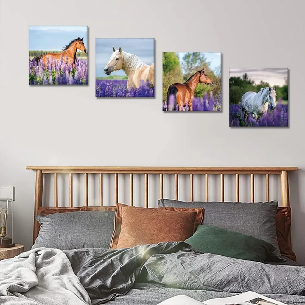 Set de Tableaux Fleurs de Lavande et Cheval pour Décorer une Chambre