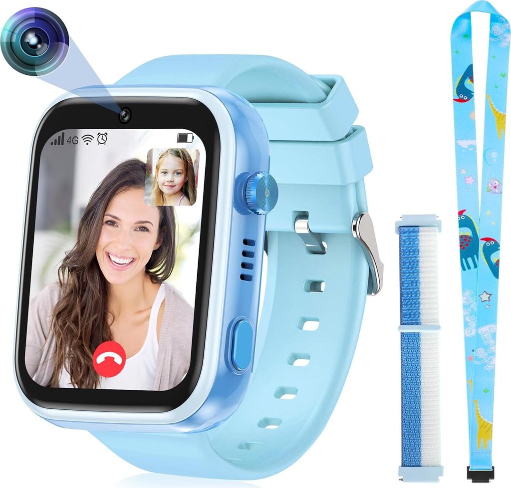 Kinder Smartwatch mit Videoanruf SOS Musik Player WLAN Video, Weihnachten Geburtstag Spielzeug Geschenke für Jungen Mädchen, Blau