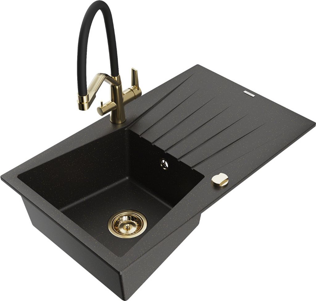 Mexen Cesar 1 Becken-Granitspüle mit Abtropffläche und Mischbatterie Duo, Schwarz/Gold metallisch - 6514-75-671701-57-G