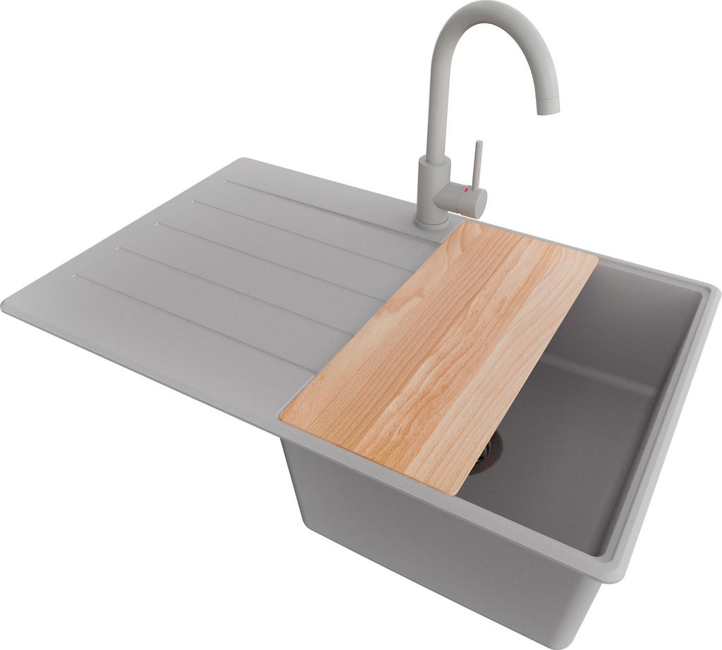 PRIMAGRAN Granitspüle Grau 78x50cm, Spülbecken 1 Becken + Küchenarmatur 32x20cm + Ablauf-Set + Schneidebrett, Küchenspüle ab 45er Unterschrank...