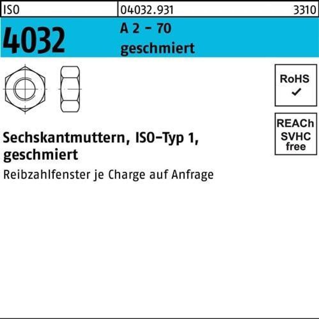Sechskantmutter ISO 4032 M 6 A 2 - 70 geschmiert