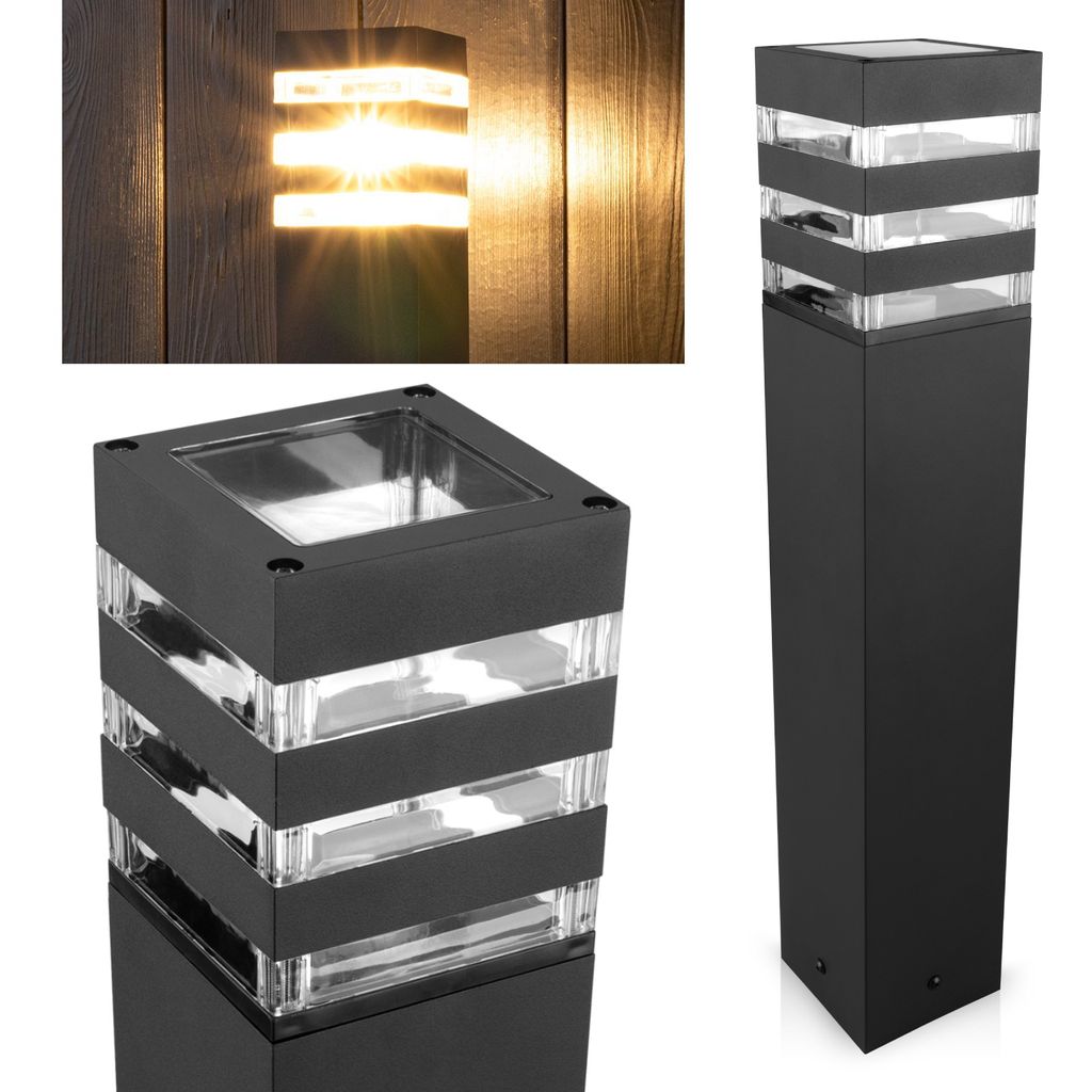 A collage of images showing a modern outdoor bollard light with a black metal frame and clear glass panels, illuminated against a wooden background and on a white background.