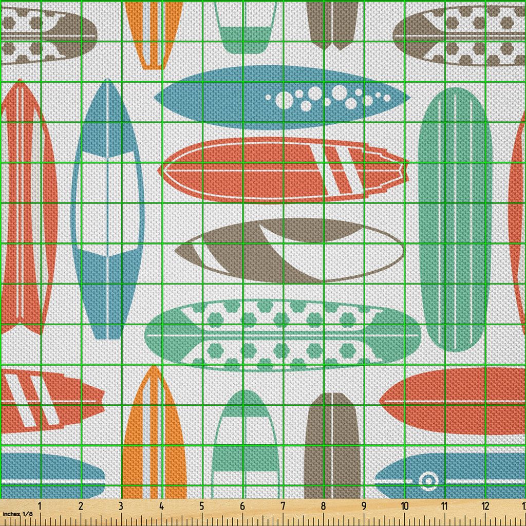 ABAKUHAUS Surfbrett Satin Stoff als Meterware, Buntes surfendes Seemuster mit Sommer-Reise-Illustration in den Retro- Farben, 2 M (148 x 200 cm), M...
