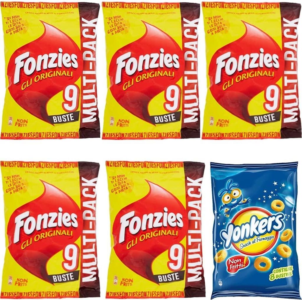 5x Fonzies Maissnack mit Käse 9 Portionstüten á 23g chips + 1x Yonkers 8 Portionstüten á 120g Käsechips