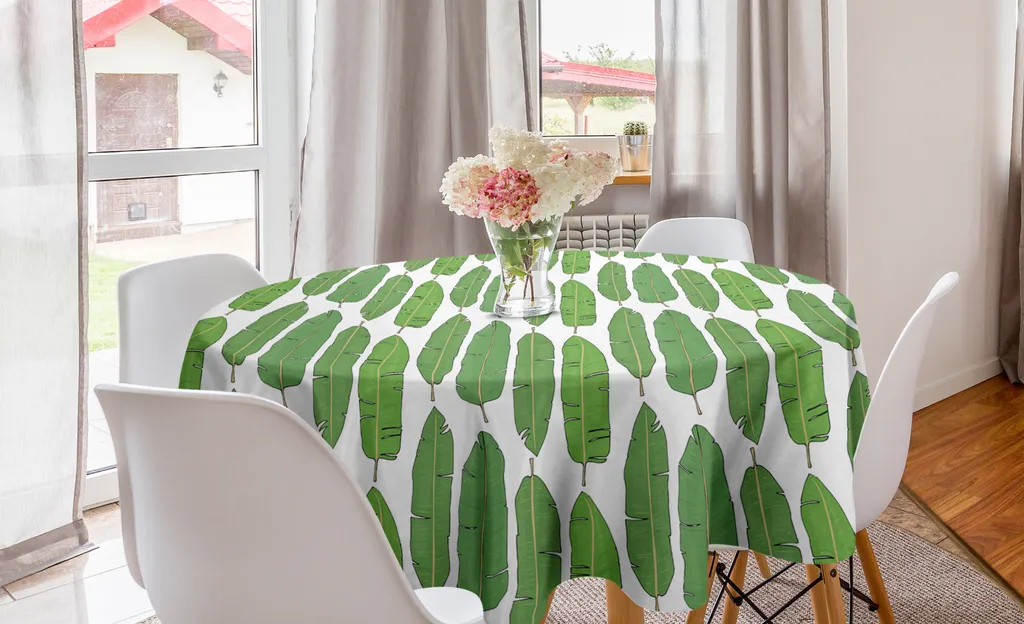 ABAKUHAUS Tovaglia rotonda botanica, foglie di uccello del paradiso, tovaglia rotonda per sala da pranzo, decorazione per cucina, 150 cm, verde felce e bianco