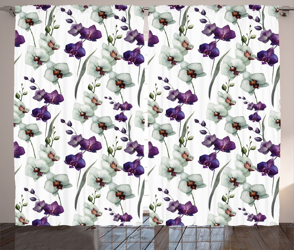 ABAKUHAUS Blume Rustikaler Gardine, Wilde Orchideenblüte, Schlafzimmer Kräuselband Vorhang mit Schlaufen und Haken, 280 x 225 cm, Lila Weiß