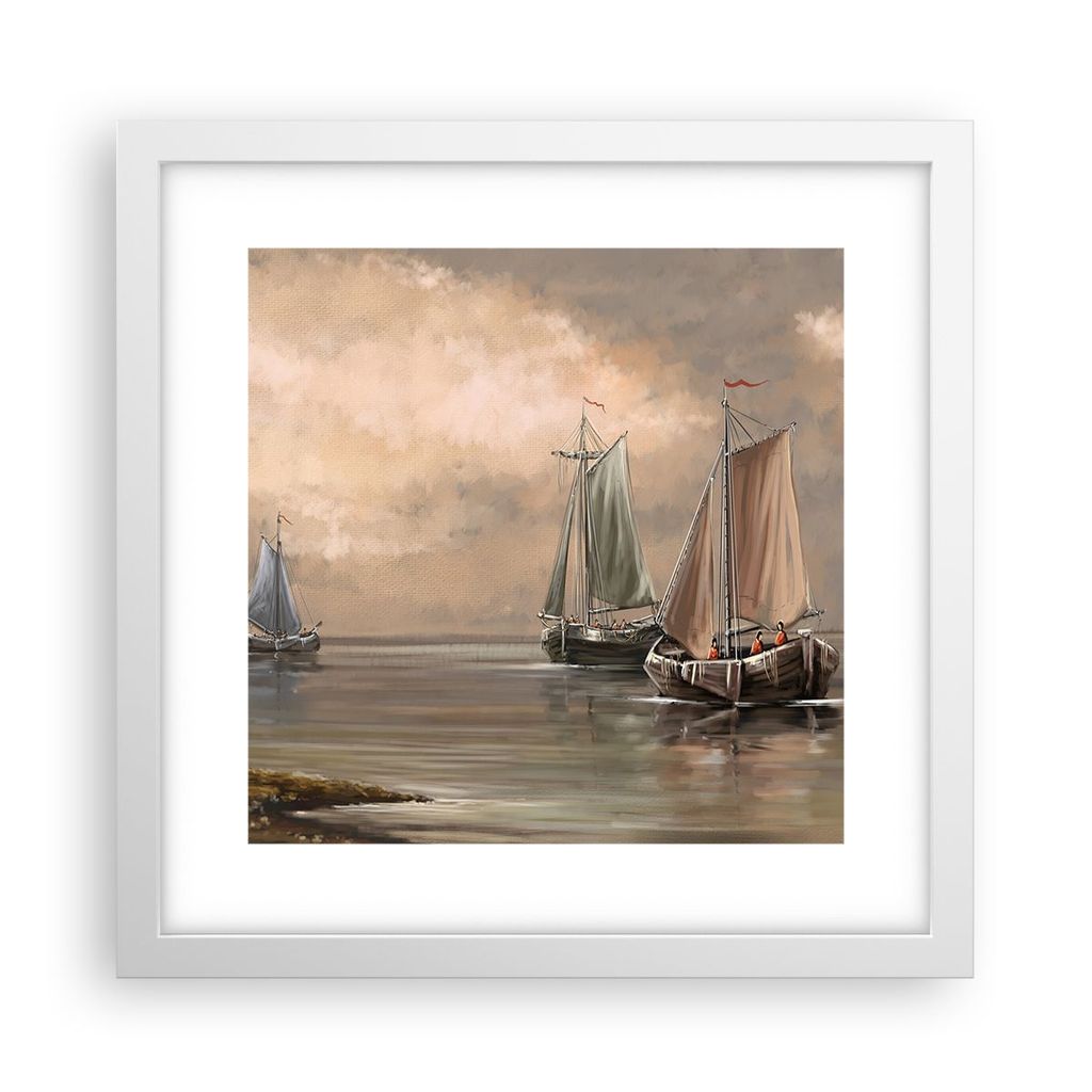 Gerahmtes Poster - Weißer Rahmen - Meer Boot Fischer - 30x30 cm - Wand Bild - Wanddeko - Wandbilder - Kunstposter - Wandposter - Bilderrahmen - Bi...