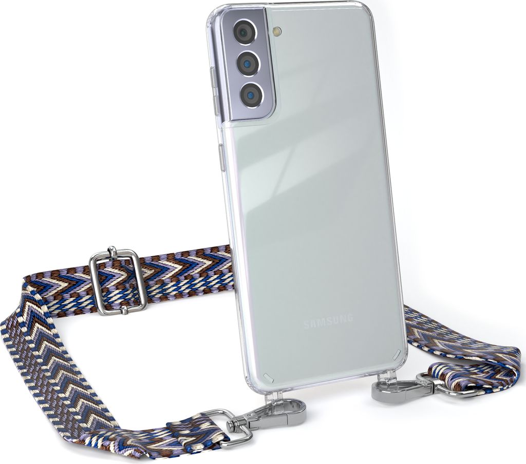 EAZY CASE Handykette - Verstellbarer Trageriemen kompatibel mit Samsung Galaxy S21 Plus 5G, Handykordel mit transparenter Silikon-Hülle, Band in Blau