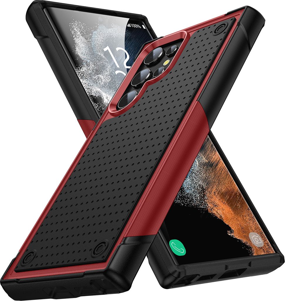 Für Samsung Galaxy S22 Ultra 5G Hülle Militärqualität Stoßfest Hybrid 2 in 1 Hart PC Weich TPU Handyhülle Rot Schwarz