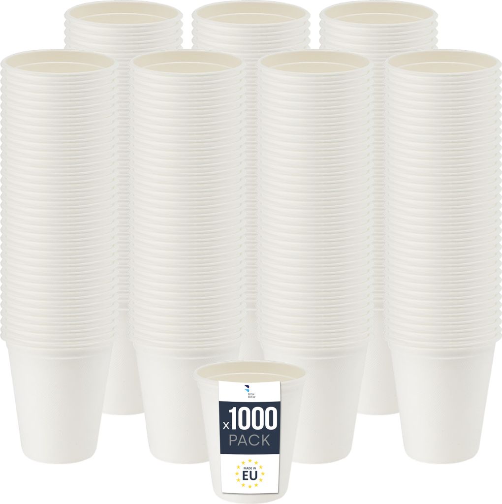 BenBow Einwegbecher aus Zuckerrohr, Weiß, 250 ml x 1000 – Besser als Pappbecher, Umweltfreundlich, Ideal für Partys oder Kaffee