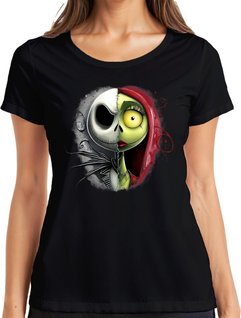 Jack Sally Nightmare Before Christmas Halloween Gothic Geschenk Damen T-Shirt, Schwarz, M
