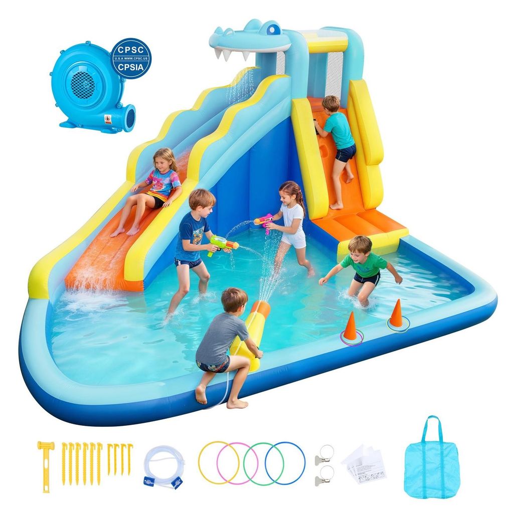 Aufblasbare Wasserhüpfburg - Hüpfburg mit Wasserrutsche - Kletterwand - Planschbecken - Ringwurfspiel - Krokodil-Design - Maße 353 x 400 x 235 c...