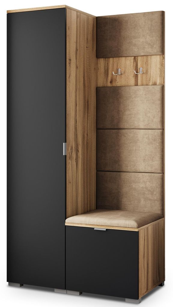 Masseno Garderobe-Set LORI 95/181/51 cm Modern Garderobenschrank Eiche Wotan, Veloursstoff MONOLITH 09 (Beige)