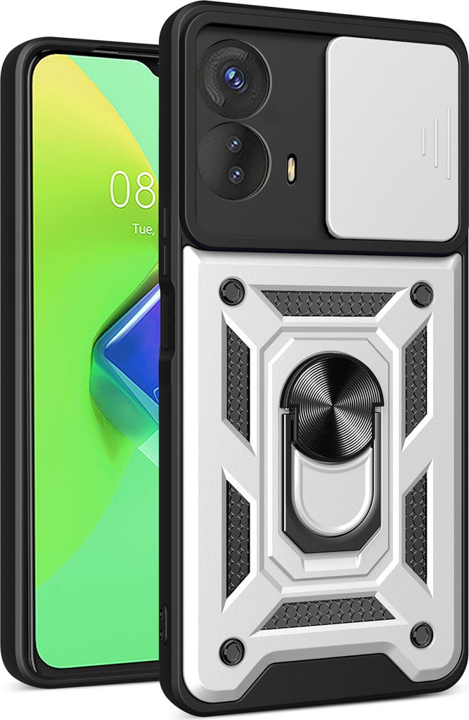 Hülle für Motorola Moto G73 mit Ring Ständer Halter Dia Kameraschutz TPU PC Hybrid Handyhülle Silber