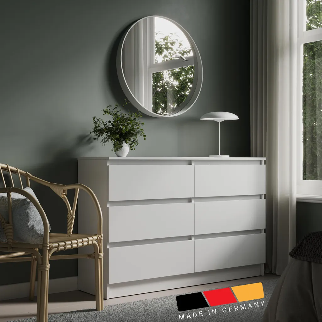 Buffet bas blanc 120cm avec 6 tiroirs de rangement - Meuble de Chambre
