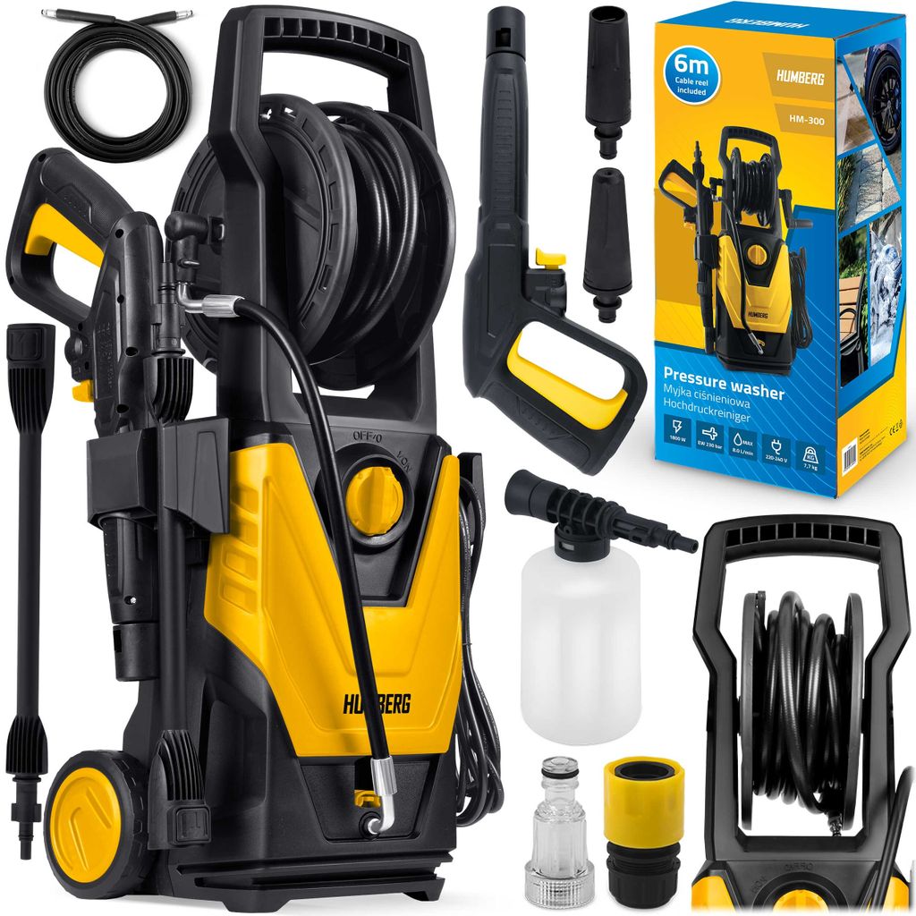 A collection of pressure washer components and its packaging, arranged on a white background.