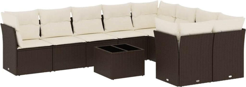 10-tlg. Garten-Sofagarnitur mit Kissen Braun Poly Rattan