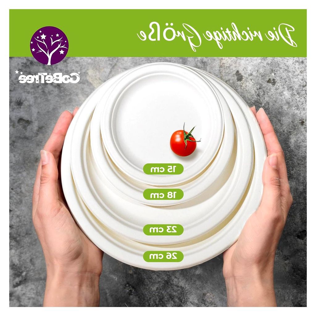 100 Stück runde Pappteller aus Zuckerrohr, 26 cm, weiß