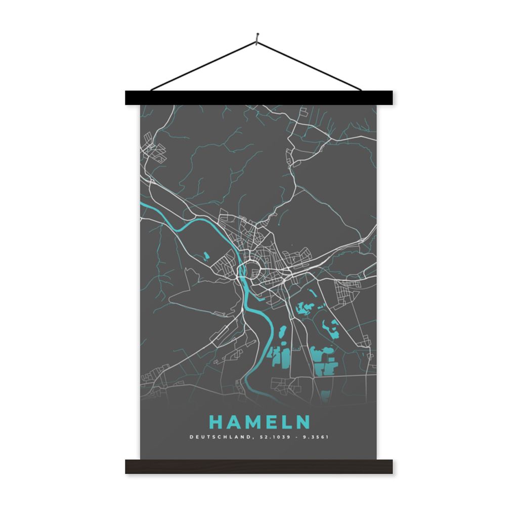 MuchoWow Textilposter Blau - Deutschland - Karte - Stadtplan - Hameln 60x90 cm mit schwarzem Rahmen - Poster Wohnzimmer