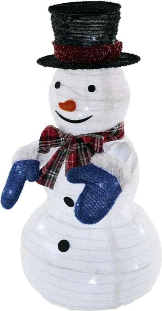 A decorative snowman figure with a top hat, scarf, and mittens, illuminated by LED lights.