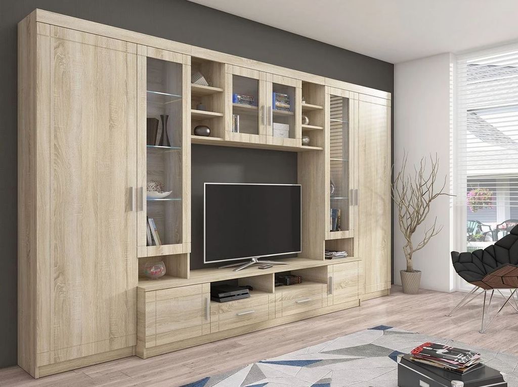 MIRJAN24 Wohnwand Paris, TV-Möbel, Große Anbauwand, Schrankwand, Wohnzimmer-Set (Sonoma Eiche, ohne Beleuchtung)