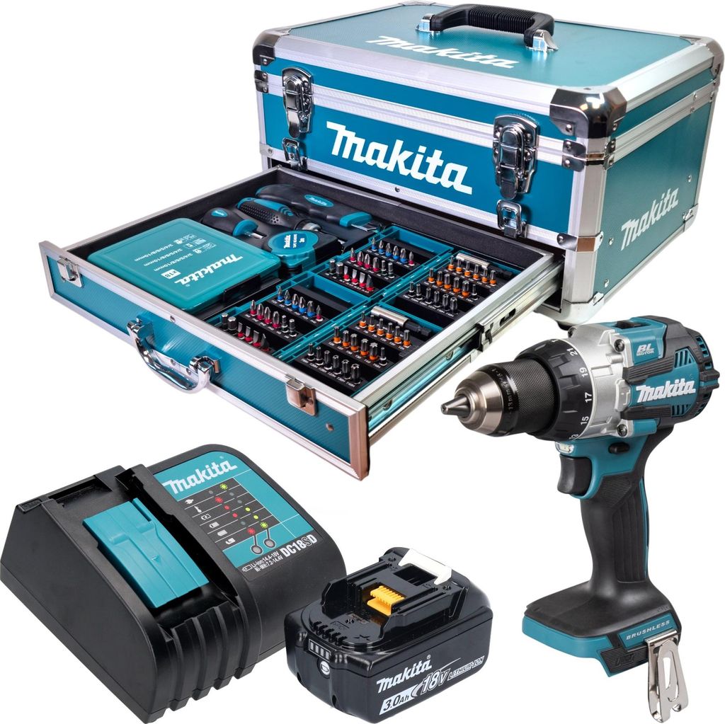 Makita DHP 489 SF1X9 Akku Schlagbohrschrauber 18 V 73 Nm Brushless + 1x Akku 3,0 Ah + Ladegerät + 96 tlg. Zubehör Set + Koffer