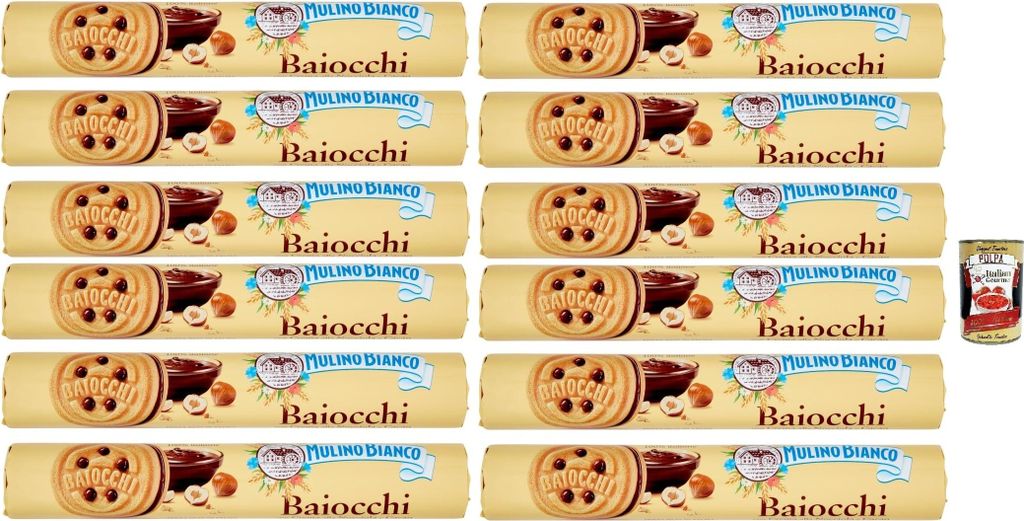 Mulino Bianco Baiocchi Biscotti Snack Farciti con Crema alla Nocciola e Cacao, Snack Kekse mit Haselnusscreme und Kakao gefüllt, 12x 168 g + Itali...
