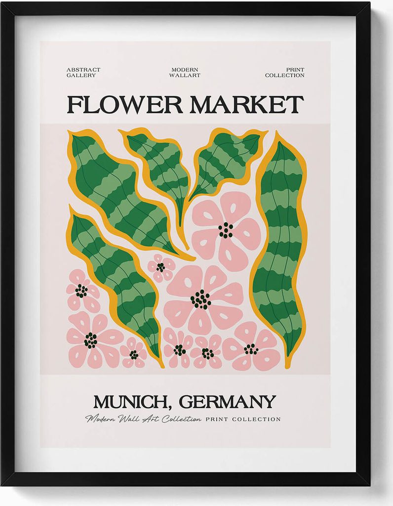 Illustration von Pflanzen und Blumen– Wandbild mit Rahmen – Gerahmtes Bild – Wanddekoration – 60x80 cm – Schwarz Rahmen