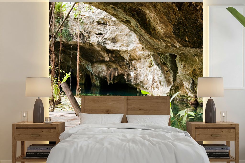 MuchoWow Fototapete für Wohnzimmer oder Schlafzimmer Wandtapete Vinyl Motivtapete See inmitten von Höhlen in der Nähe von Quintana Roo in Mexi...