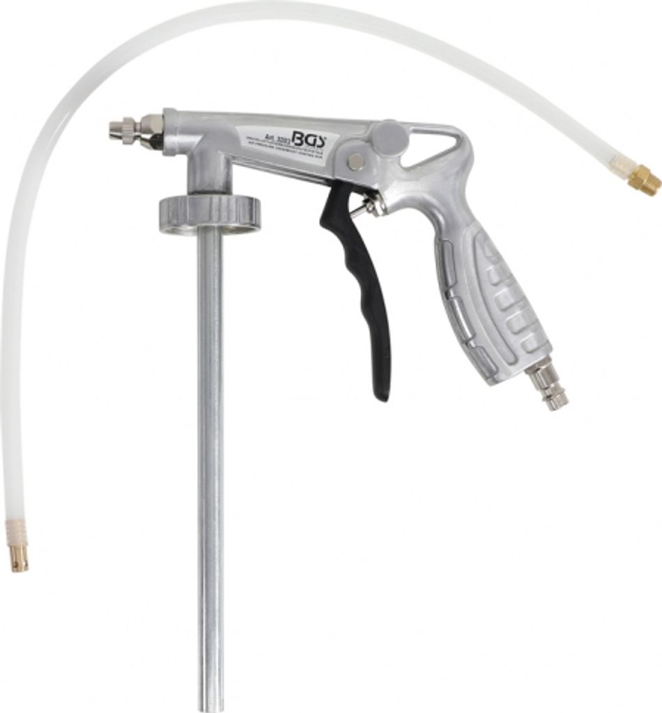 A studio shot of an underbody protection spray gun with a hose.