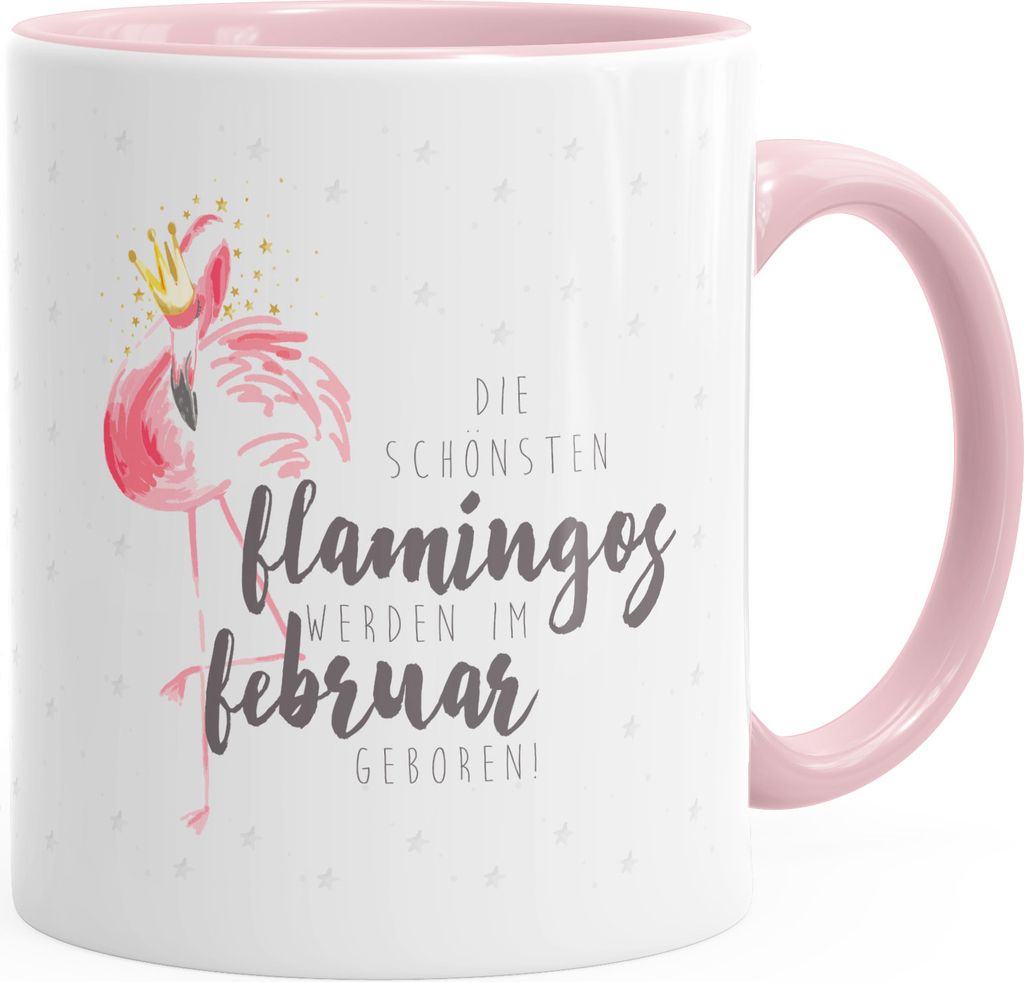 Tasse Geschenk Kaffeetasse Flamingo Krone die schönsten Flamingos werden im Februar geboren MoonWorks Geburtstags-Tasse farbiger Henkel rosa uni...