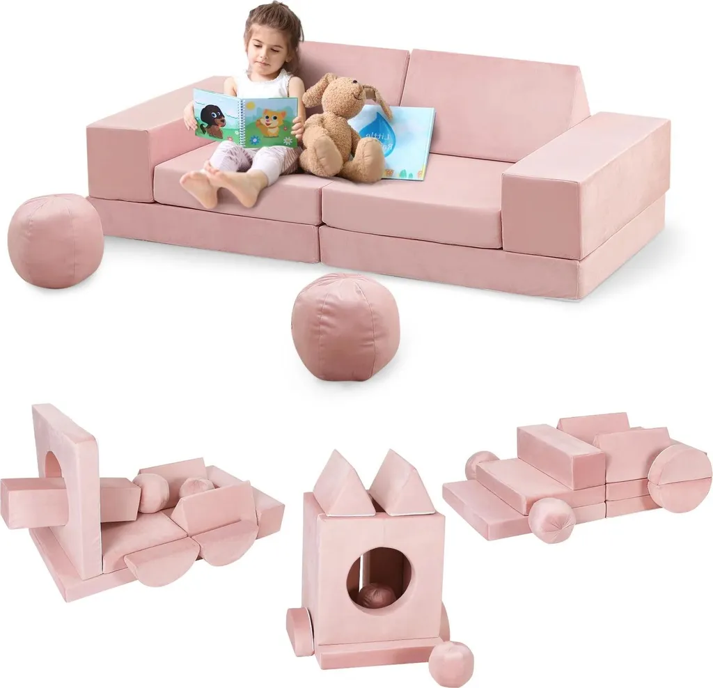 Canapé enfant modulable vert en mousse souple avec tunnel et balles