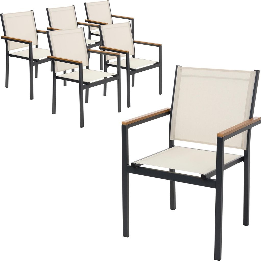 ML-Design Gartenstühle 6er Set mit Armlehnen Beige Balkonstuhl aus Textilene mit Aluminiumgestell wetterfest stapelbar für Garten Balkon Terrasse