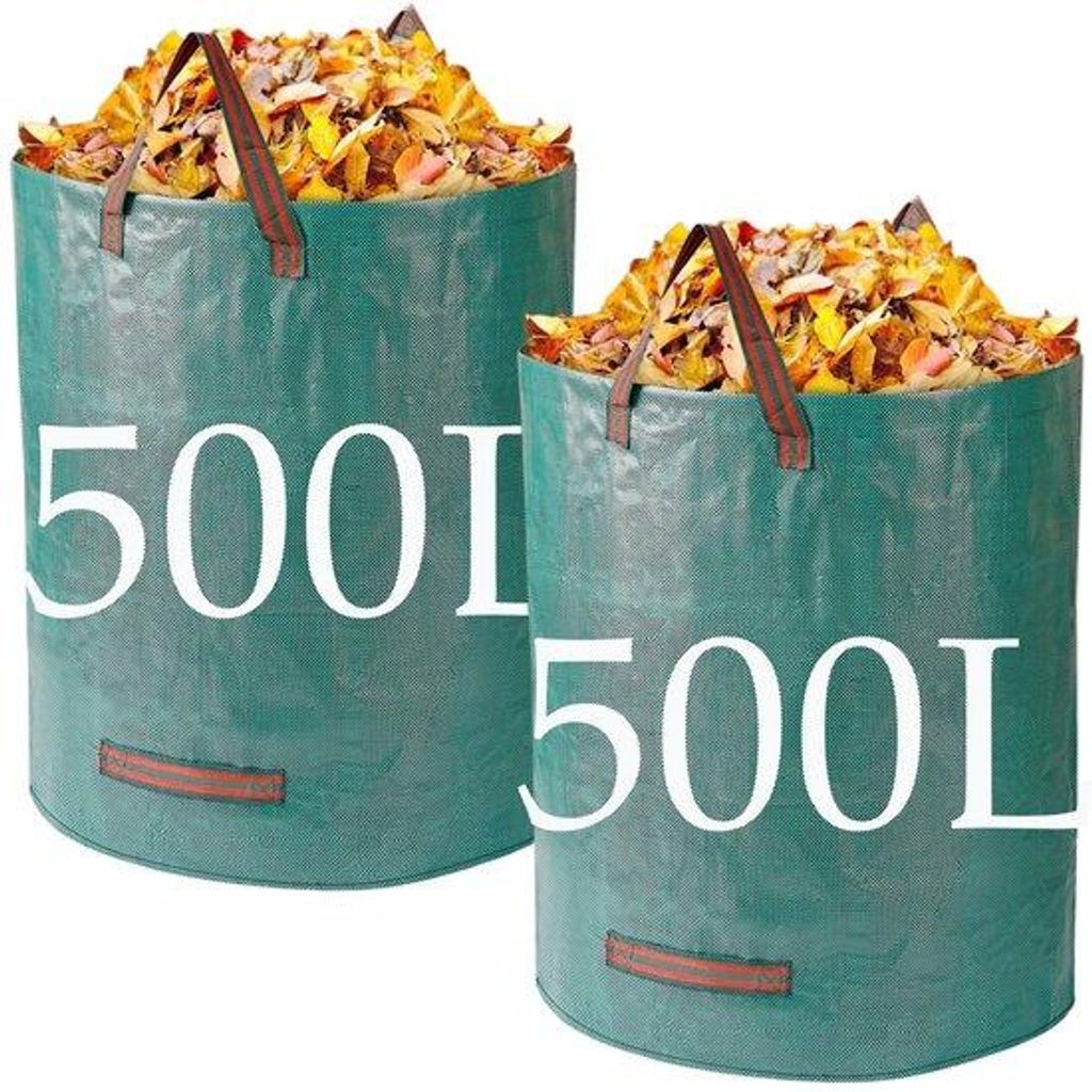 Luftdichter Gartensackbeutel 500L - 2 Stück robuste, nachwachsende Plastikbeutel mit Handgriffen zum Trockenblätter- und Gemüseabfallsammeln