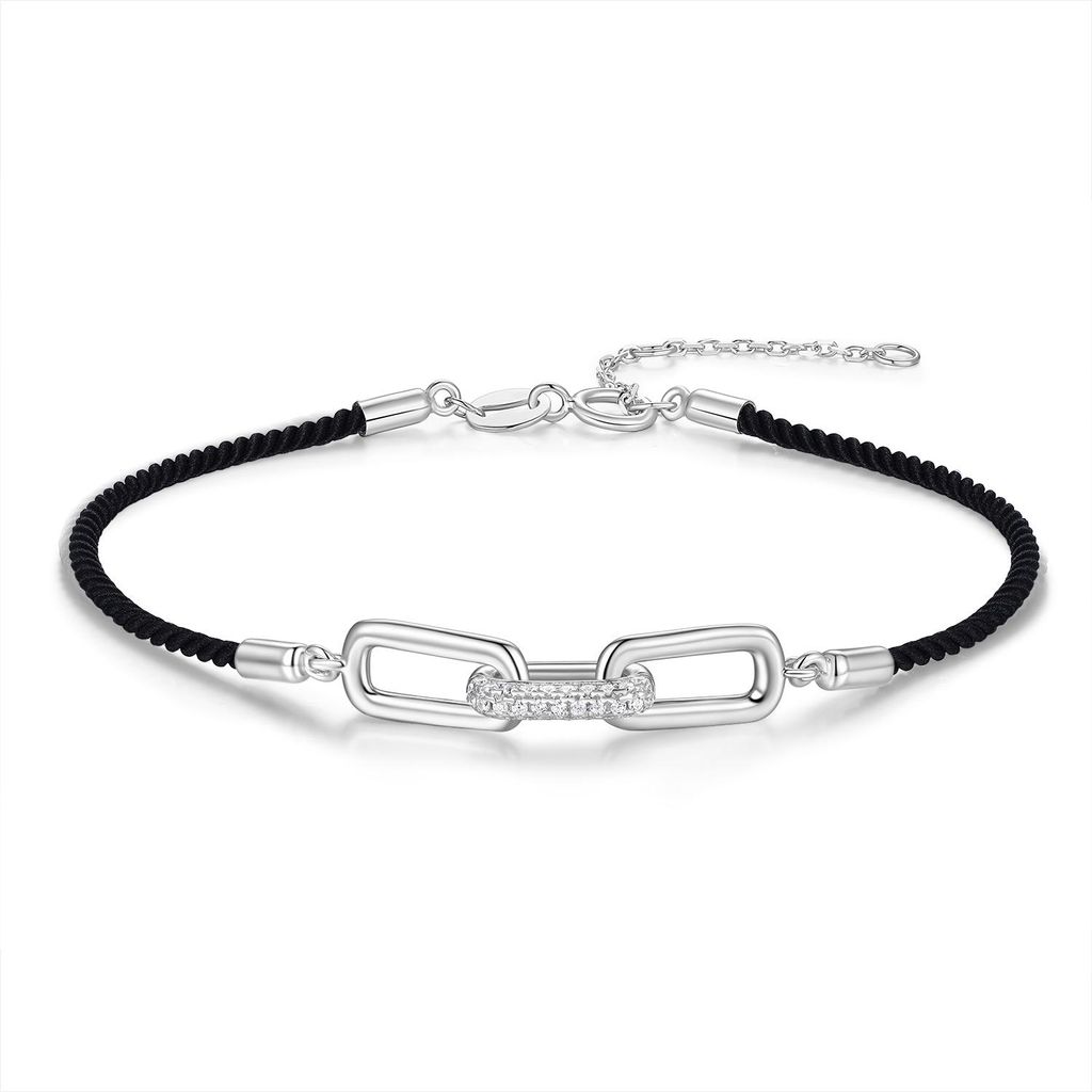 New Bling 9NB-1710 – Silbernes Makramee-Armband in Schwarz – Glieder – Mit Zirkonia – Silberfarben – 925er Silber – Verstellbar 16+2 cm