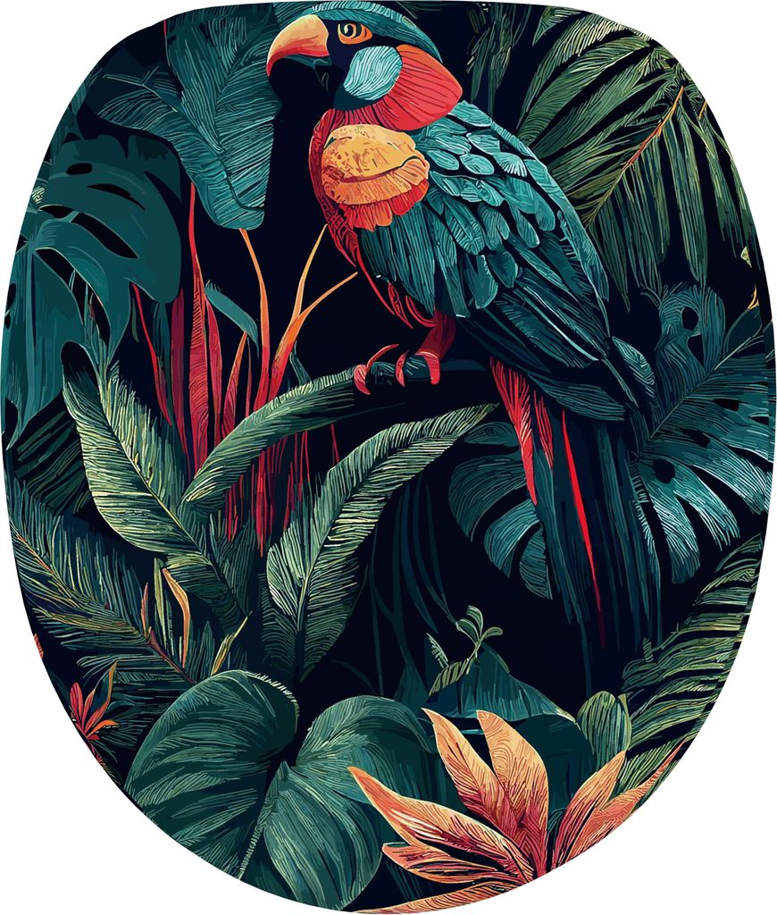 A colorful parrot perched on a branch amidst lush tropical foliage.