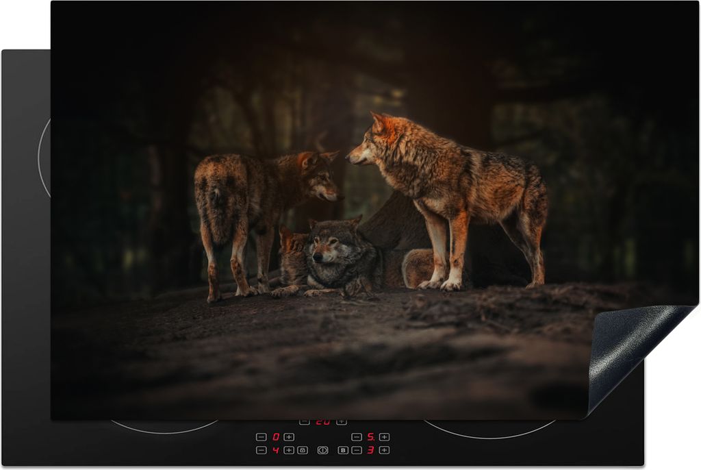 KitchenYeah Herdabdeckplatte Wolf - Tiere - Wald , 81x52cm, Küche Deko, Glaskeramikfeld Herdabdeckung, Abdeckplatte fùr Kochfeld