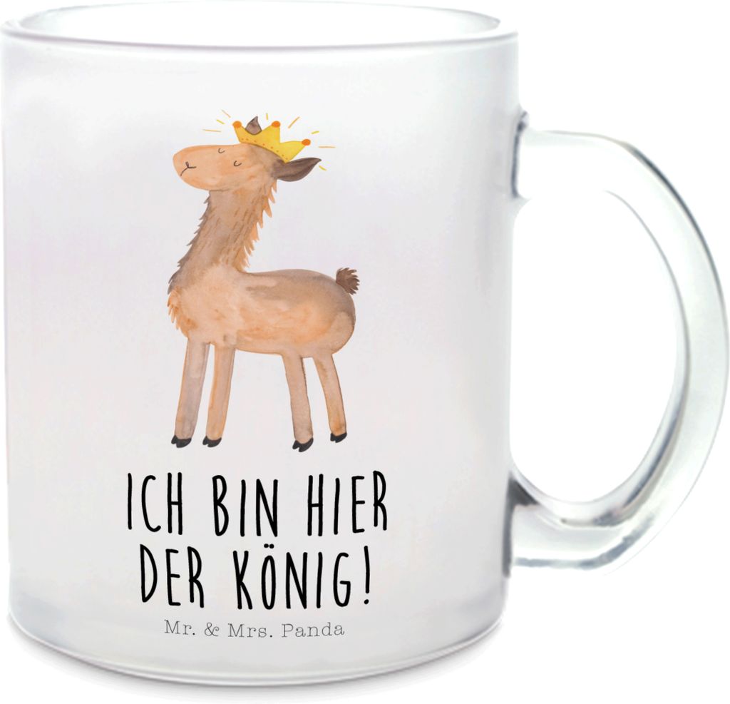 Mr. & Mrs. Panda Teeglas Lama König - Transparent - Geschenk, Abitur, Haferl, Freundin, Teetasse Glas, Trinkglas, Häferl, Abi, Papa, Chef, Lamas,...