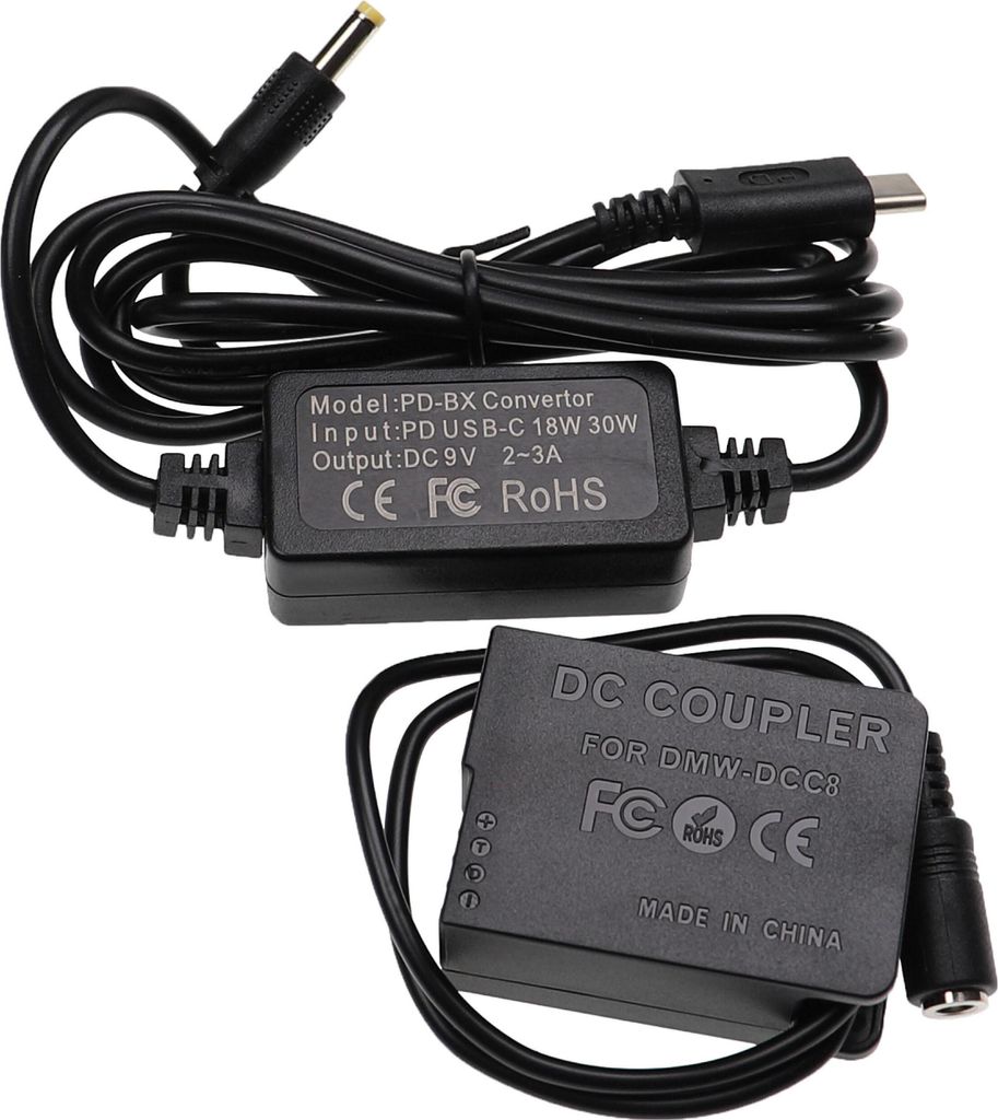 vhbw USB Netzteil kompatibel mit Panasonic Lumix DMC-G5K, DMC-FZ300, DMC-FZ200K, DMC-G6 Kamera, Digitalkamera + DC Kuppler (Ersatz für Panasonic), 2m