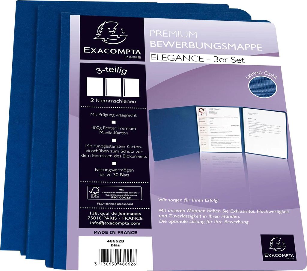 Exacompta 15x 3er Set Bewerbungsmappen Karton 1 Klemmschiene A4 Blau 48662B