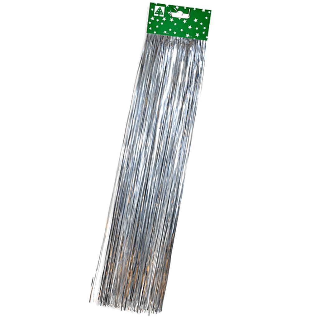 A package of silver tinsel strands, likely for holiday decoration, is presented against a white background.