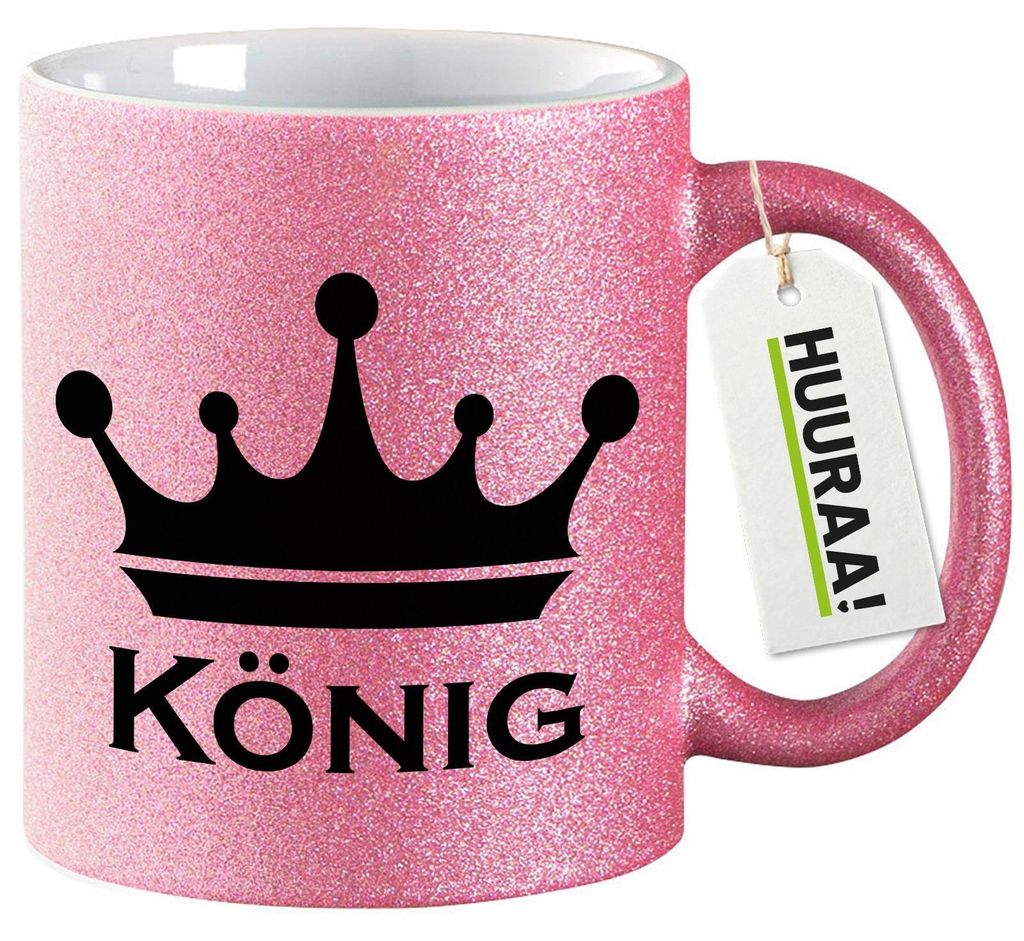 Huuraa Glitzertasse König Schützenkönig 330ml Pink Keramik Kaffeebecher Geschenkidee