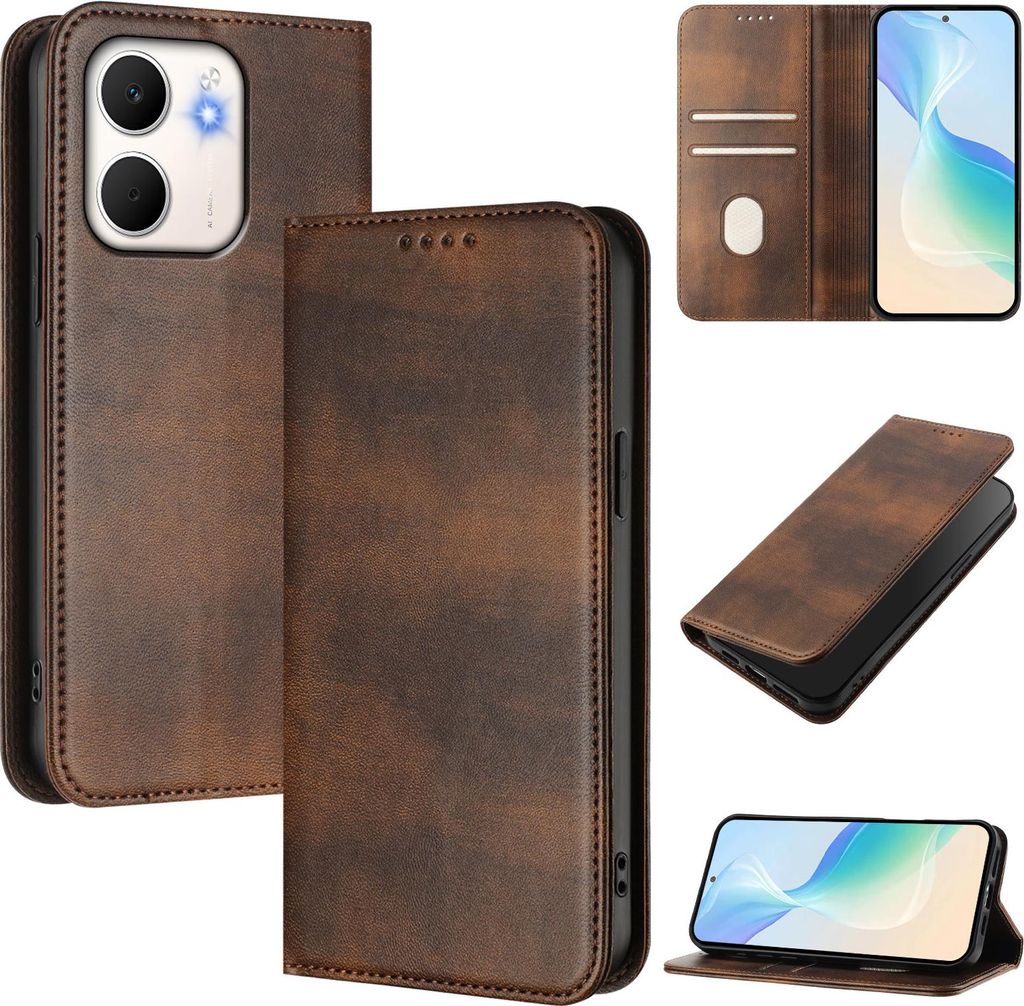 Handyhülle für Oppo A5x 5G/4G, Vintage Leder RFID Schutz Kartenfach Standfunktion Magnetische Klapphülle Braun