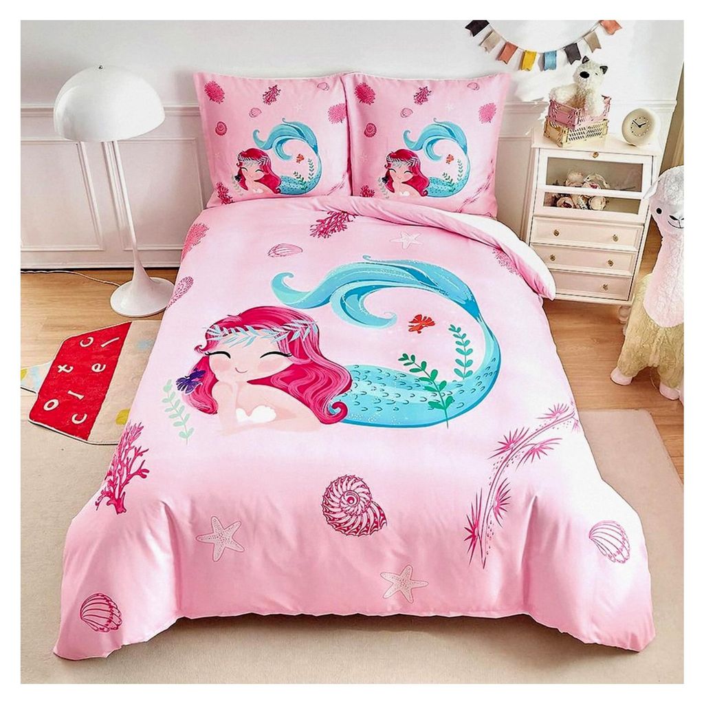 Bettwäsche Meerjungfrau 200x200 cm Set 3-teilig Rosa - Weicher romantischer Bettbezug 200x200 cm und 2 Kissenbezüge 80x80 cm mit Reißverschluss,...