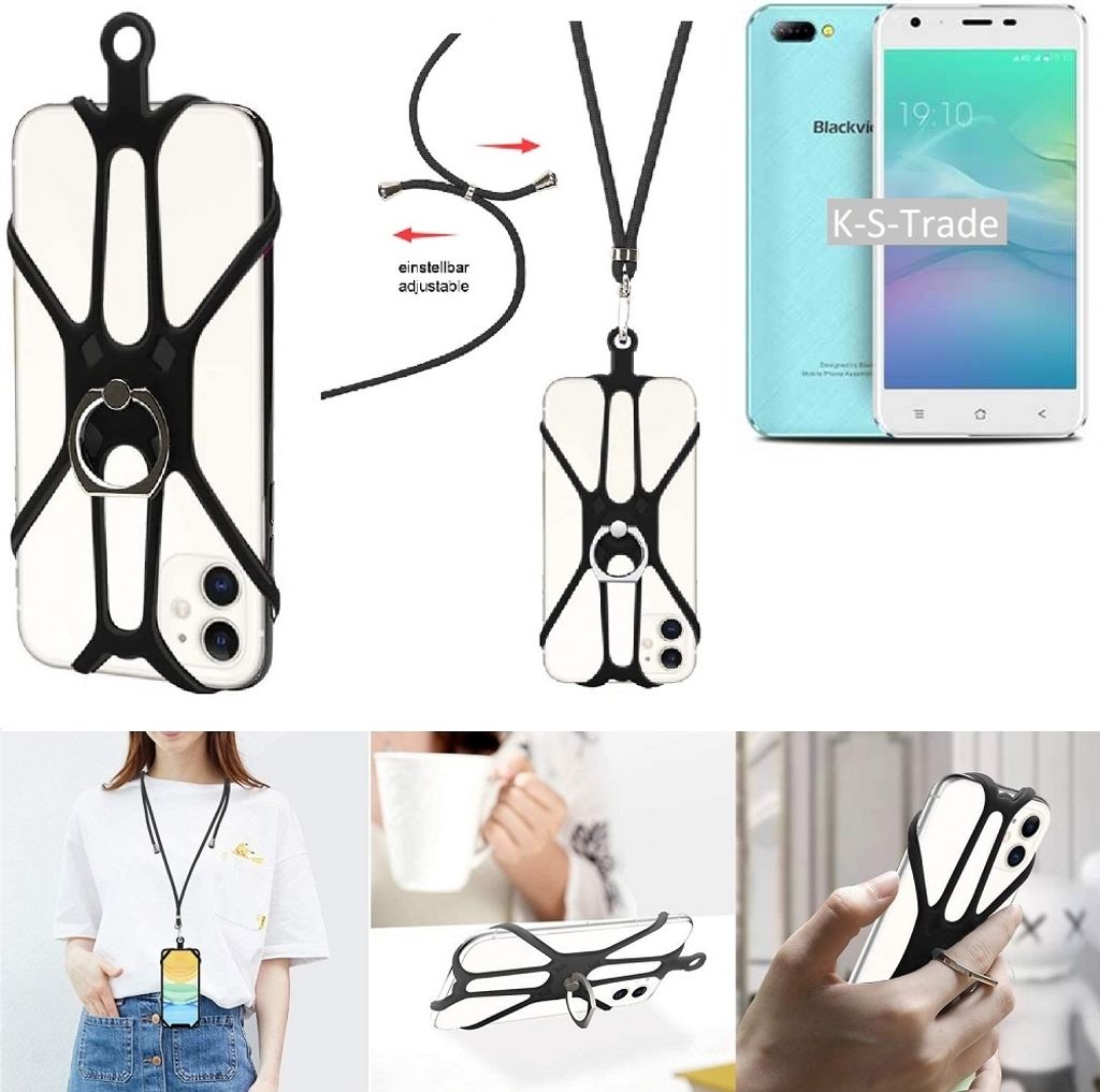 K-S-Trade 3in1 Handykette Handyband Handykordel Halsband Smartphone-Ring Handy-Ring kompatibel mit Blackview A7 Fingerhalterung Handyring